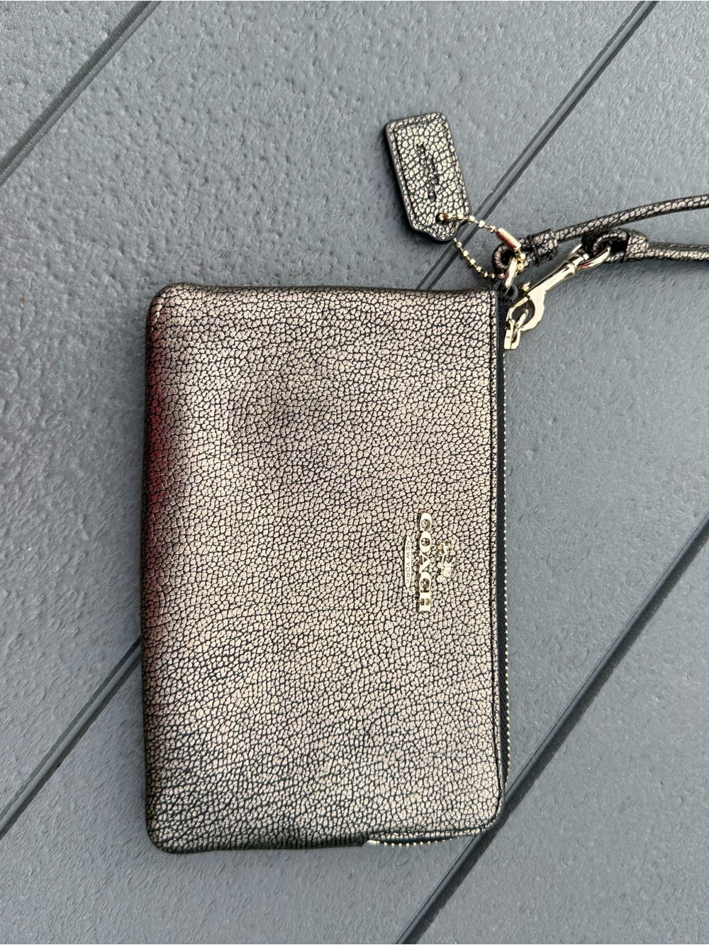 Coach Metallic Silver Pebbled Leather Wristlet